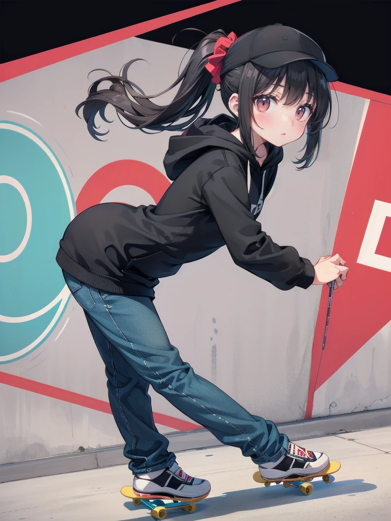 One Woman((Skateboarder,Black hoodie)) background,(Golf Driving Range,concrete) Wear a cap or hat,Skateboarding Woman,(Black Hair,Side Ponytail,Red eyes,Super Shine) Anime Style,Overall view Wind blowing Low angle