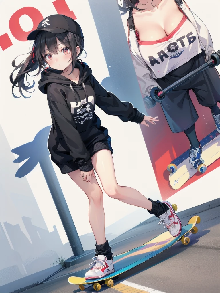 One Woman((Skateboarder,Black hoodie)) background,(Golf Driving Range,concrete) Wear a cap or hat,Skateboarding Woman,(Black Hair,Side Ponytail,Red eyes,Super Shine) Anime Style,Overall view Wind blowing Low angle