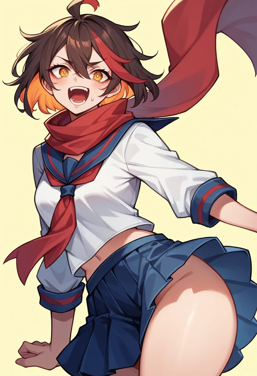 Create an anime-style image of a young girl with short, dark brown hair and a side fringe, featuring red inner highlights. She is wearing a navy blue sailor-style  with a red scarf and black pleated skirt. The girl has a playful yet mischievous expression, with particularly sharp and intense eyes that give her a somewhat bad-girl appearance. She has notably thick thighs. The overall aesthetic is bright and vibrant, with a light yellow background.