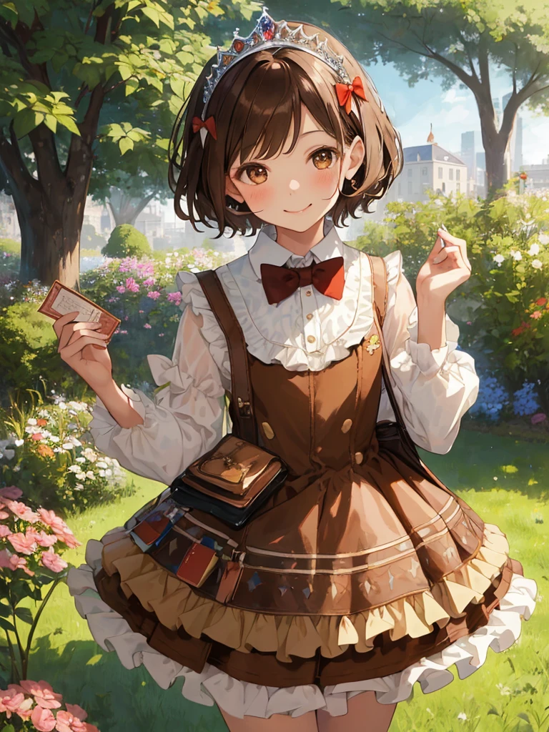 masterpiece, Highest quality, High resolution, One girl, 9 years old, alone, Brown Hair, short hair, Brown eyes, Mole under the eye, Cowboy Shot,, Princess dress, Princess Costume,bow tie, smile (Princess:1.2), Ruffled Dress, tiara, city, Outdoor, garden, wearing wallet, (wallet:1.2), Pull up the dress by hand、Low Angle