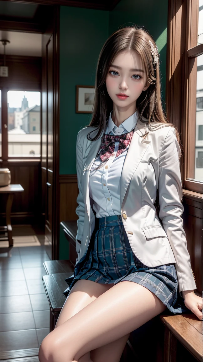 (電車の座席に座っているgirl),Top quality work，practical work，Super premium graphics card，8KHD CG works，High-quality graphics，HD CG works，10x pixel，Extremely fine details：1.1，Advanced technical details：1.1. Reality，室内Lighting Effects：1.5，Natural light：1.5. Lighting Effects（virtual Lighting Effects：1.8），長いSilver Hair，Silver Hair，Transparent hair，Hairstyles with attention to detail（High-quality hair details：1.1）Clear eyes，Beautiful double eyelids，Sharp eye makeup, Delicate eyelash makeup, Sparse eyebrows, Very detailed eyes，high nose, Beautiful red lips, Rosy Cheeks, Face with light makeup , Cute face, Perfectly balanced face,（Advanced face detailing：1.1），shining，Red Series，(White Blazer) 、(White shirt)、(Red bow tie)、(Plaid skirt)、、girl 、photo shoot，，Full body portrait，realism，wonderful，My eyes sparkle today,足を組んで座っているgirl、
