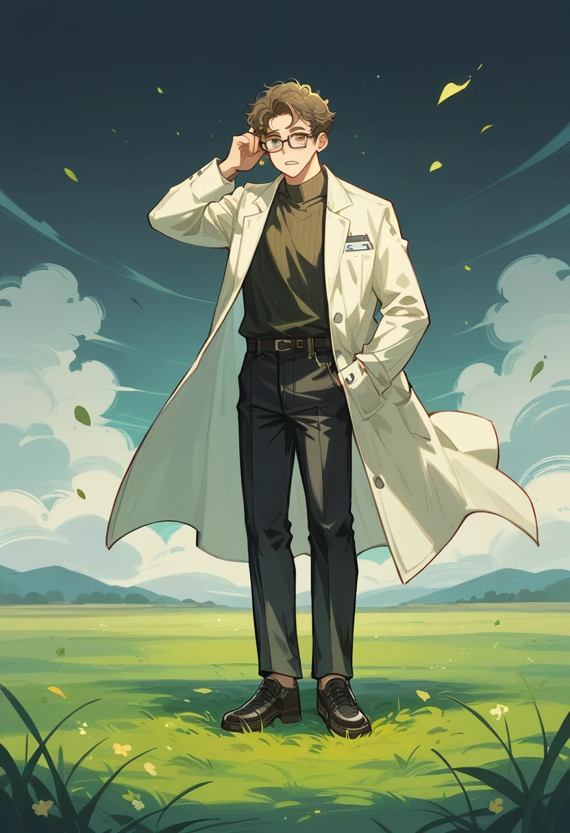 masterpiece, high quality, male、40s、Dirty lab coat、Black-rimmed glasses、Curly, unkempt hair、slacks、Leather shoes、field、