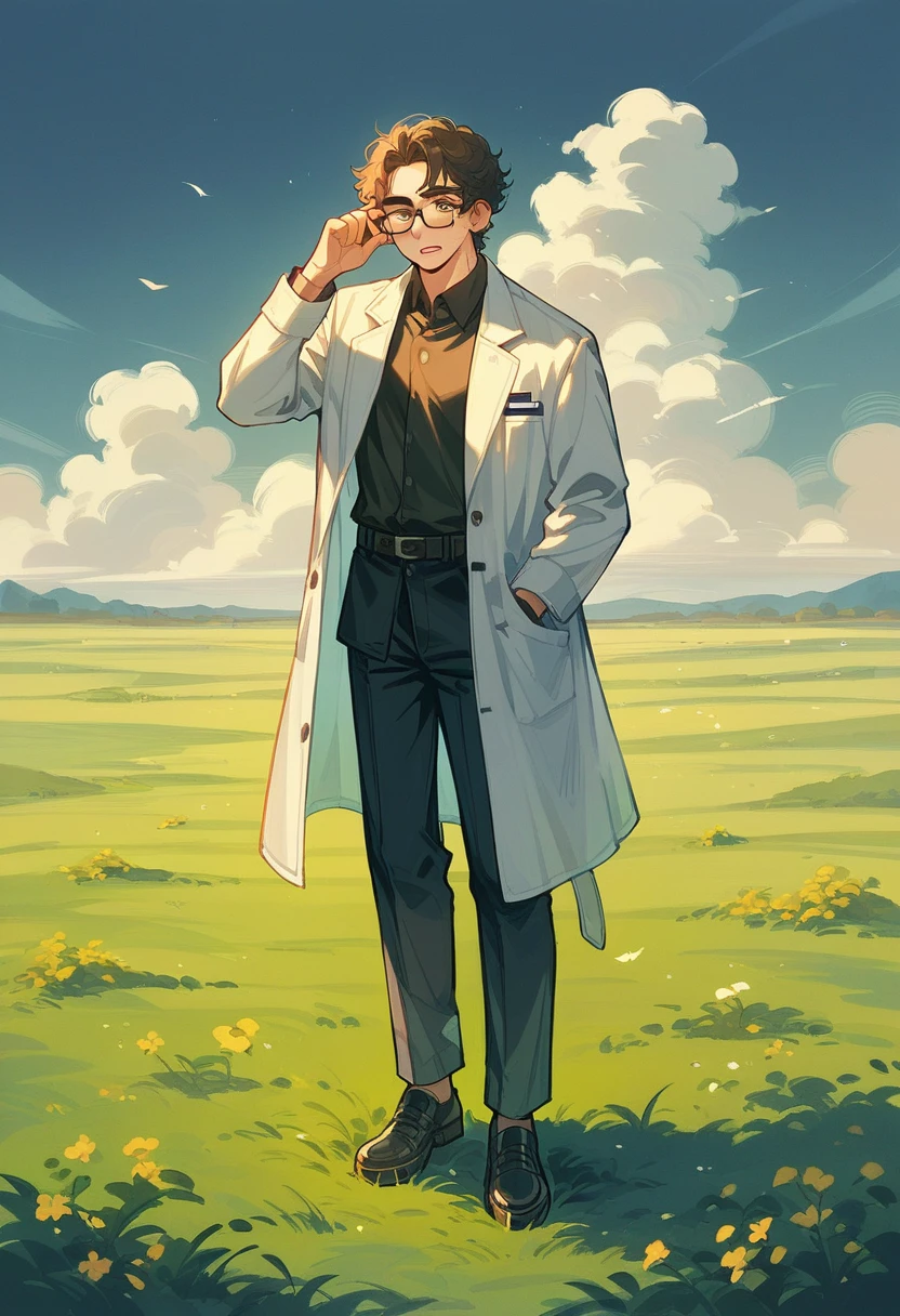masterpiece, high quality, male、40s、Dirty lab coat、Black-rimmed glasses、Curly, unkempt hair、slacks、Leather shoes、field、