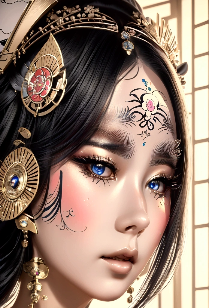 Closeup on face ,masterpiece, Best Quality, ultra detailed,((geisha)) ,cybernetica,cyber parts,Line art