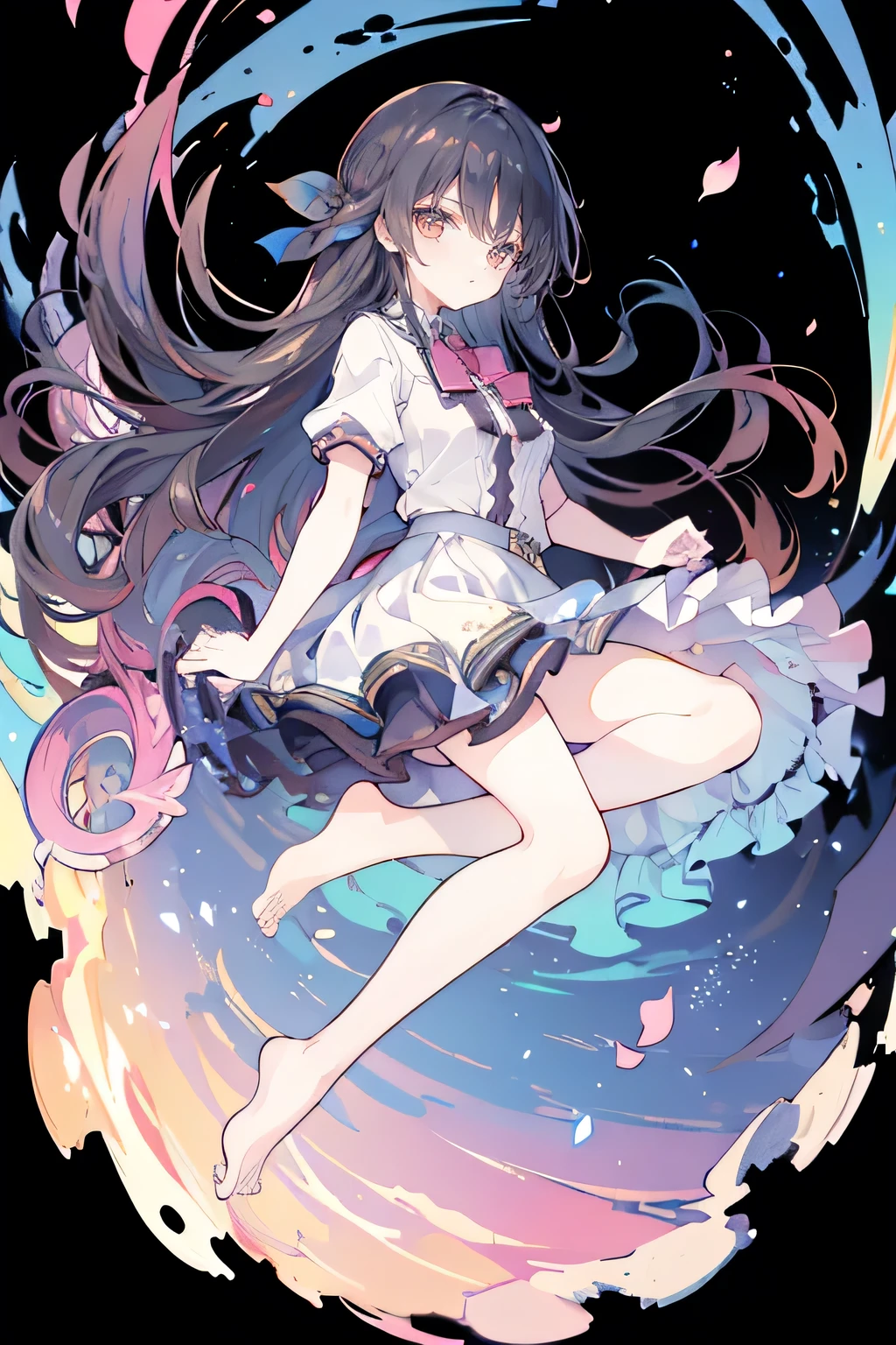 masterpiece,high resolution,Detail Enhancement,((Top view)),Clarity Enhancement,Adding details,close up,1girl, sole girl, (((Full body portrait))),Mid-shot,Cute girl,big breast,slim body,Thin legs,dress,Transparent tulle,Transparent tops,((Short skirt)),Pink Short Skirt,The skirt flutters,Transparent belt,The belt was blown up by the wind,big eyes,Long brown hair,Long hair spread out,dark blue hair,Long hair fluttering, sunny,Lightweight clothing,Clothes are light-transmitting, Big blue eyes,Exquisite eyes, Small pink flower hairpin,Flower petals flying,((Barefoot)),Happy expression,((On the soft grass)),grace,Under the big tree,dark night background。