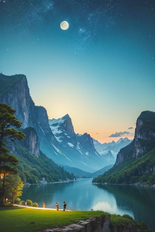 Highest quality、masterpiece、Landscape painting、Moon, Mountains and Lakes、night、Surrealism