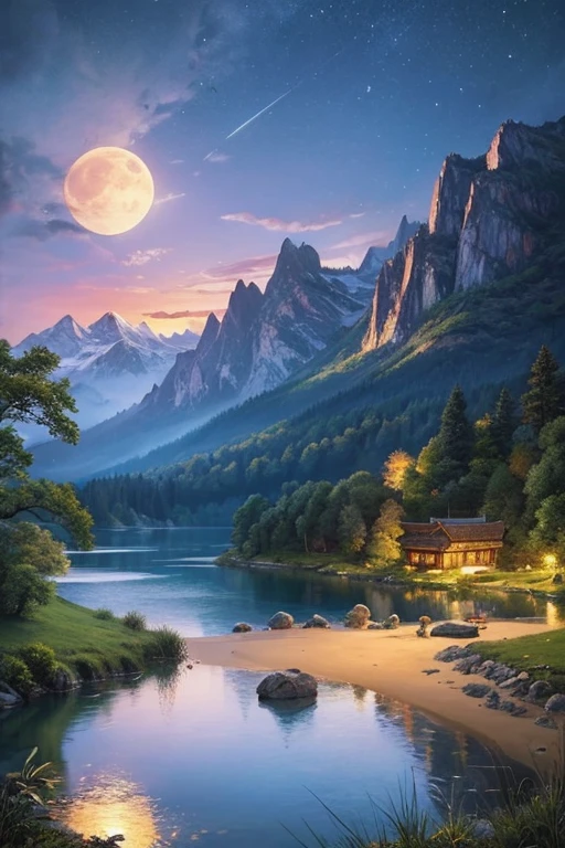 Highest quality、masterpiece、Landscape painting、Moon, Mountains and Lakes、night、Surrealism