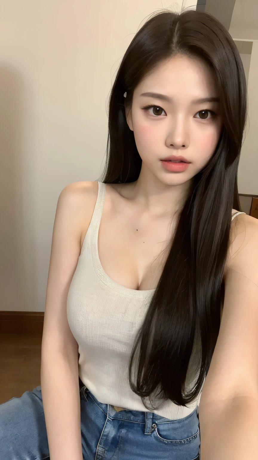 （lifelike， high - resolution：1.3）， 1 girl with a perfect body，Jennie Blackpink face, Super fine face and eyes，long hair， Tanktop of random colors：1.2， short jeans， big boob，Expose cleavage