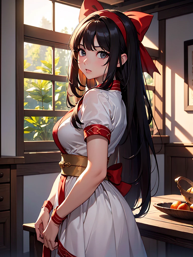 (​masterpiece、top-quality、hight resolution、Unity 8k、extremely details CG:1,Best Picture), ((Woman who has found her prey)), She has a seductive look on her face. Set the scene in a quiet, dimly lit room to create an atmosphere of seduction. Everyday clothing, hairband, ((red ribbon))