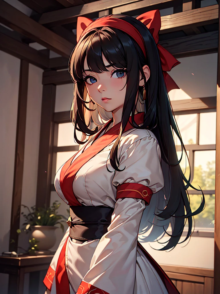 (masterpiece、top-quality、hight resolution、Unity 8k、extremely details CG:1,Best Picture), ((Woman who has found her prey)), She has a seductive look on her face. Set the scene in a quiet, dimly lit room to create an atmosphere of seduction. Everyday clothing, hairband, ((red ribbon))