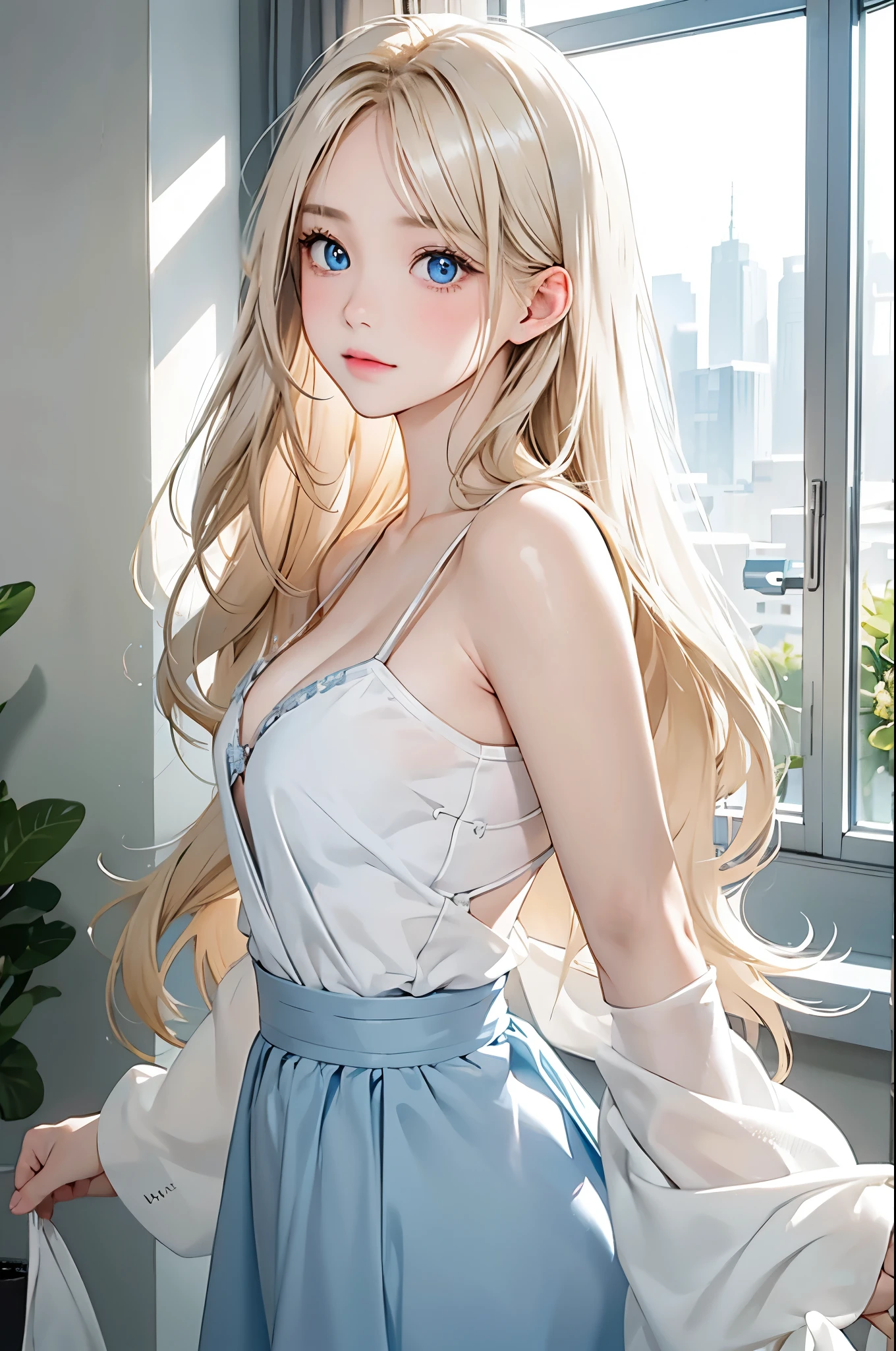 Beautiful white and shining skin、Blonde hair changes color depending on how the light hits it.、Long bangs obstruct the view、Highlights of cheek luster、Sexy, very beautiful, adorable, cute, gorgeous face、The most beautiful face in the world、Super long and gorgeous blonde hair、Smooth straight hair、big, light blue eyes shimmering、Beautiful Bangs、Beautiful and cute 16 year old girl、look back、small breasts, cleavage, from backside:1.4