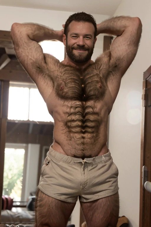 Award-winning original photoen, 30 years old man and wild muscular man, 40 years old, short beards, burly, hunk, (((shirtless))), (((hairy body))), smilling happily, detailed, lovely, ((full body)),  (((skinny shorts))) 