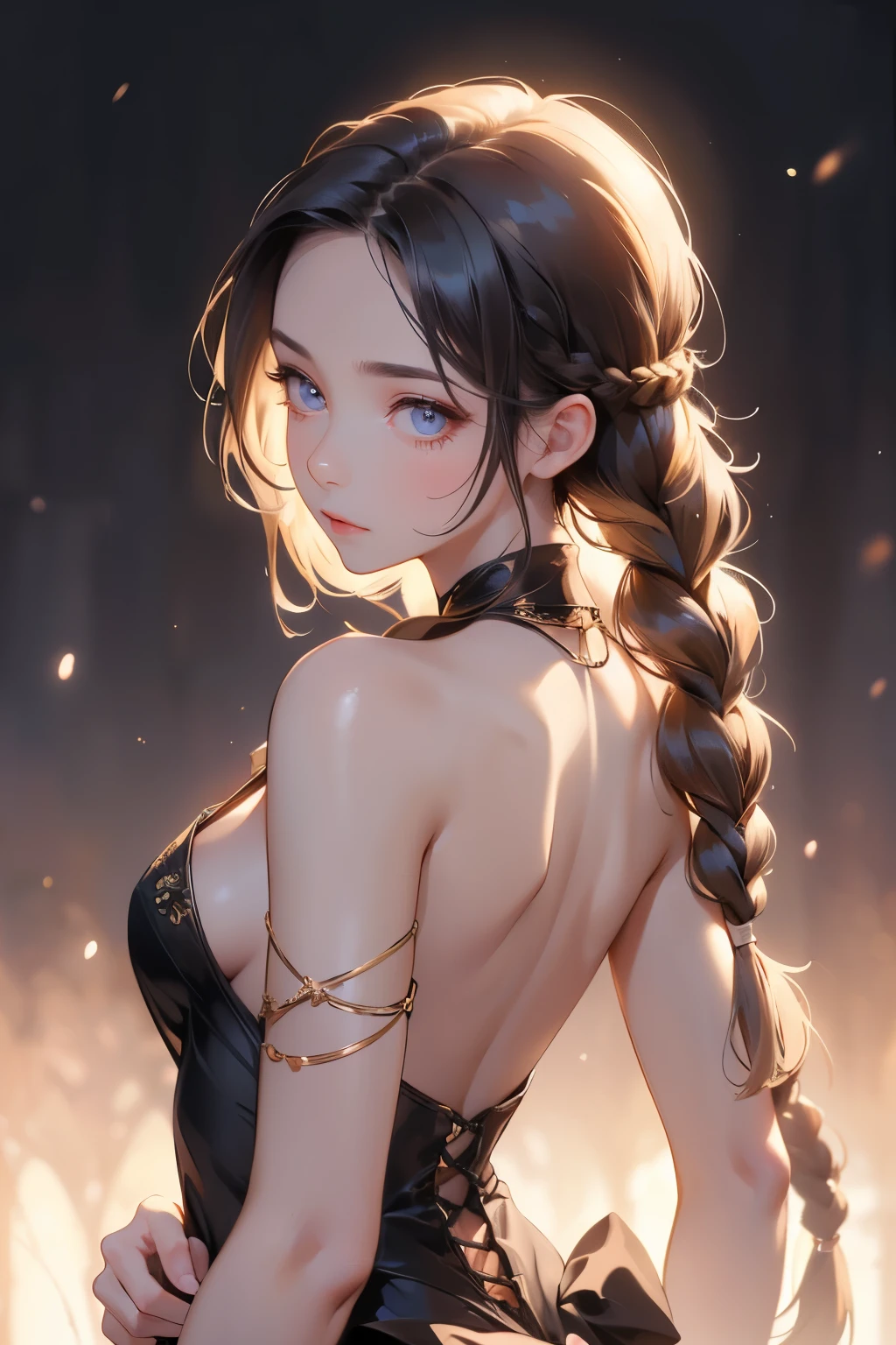 ((best quality)), ((masterpiece)), (detailed), 1girl, (big forhead:1.2),extremely detailed cute anime face, (((flat chest))), (flat chest:1.1),((((long twin braids,tight braids,long braid,braided hair,long hair)))),intricate eyes,beautiful detailed eyes,symmetrical eyes,(((detailed face))),beautiful detailed lips, looking at this, (((embarrassed))),(horrified expression),(panic),(crying),highres,(best quality),(ultra detailed,extremely detailed),perfect face details, ((masterpiece:1.4, best quality))+, (ultra detailed)+, long twintails, cute girl, (flat chest:1.1), small breasts, slim body, skinny, (narrow hips), prominent collarbones, skinny arms, flat stomach, visible hip bones, long hair, red hair, white hair, blonde hair, dark hair, ponytail, thick ponytail, heavy ponytail, small breasts, perfect face, small breasts (flat chest:1.1), NSFW, long revealing gown,Detailed body,Full limbs,(from behind), (turning), NSFW, (flat chest:1.1), nude