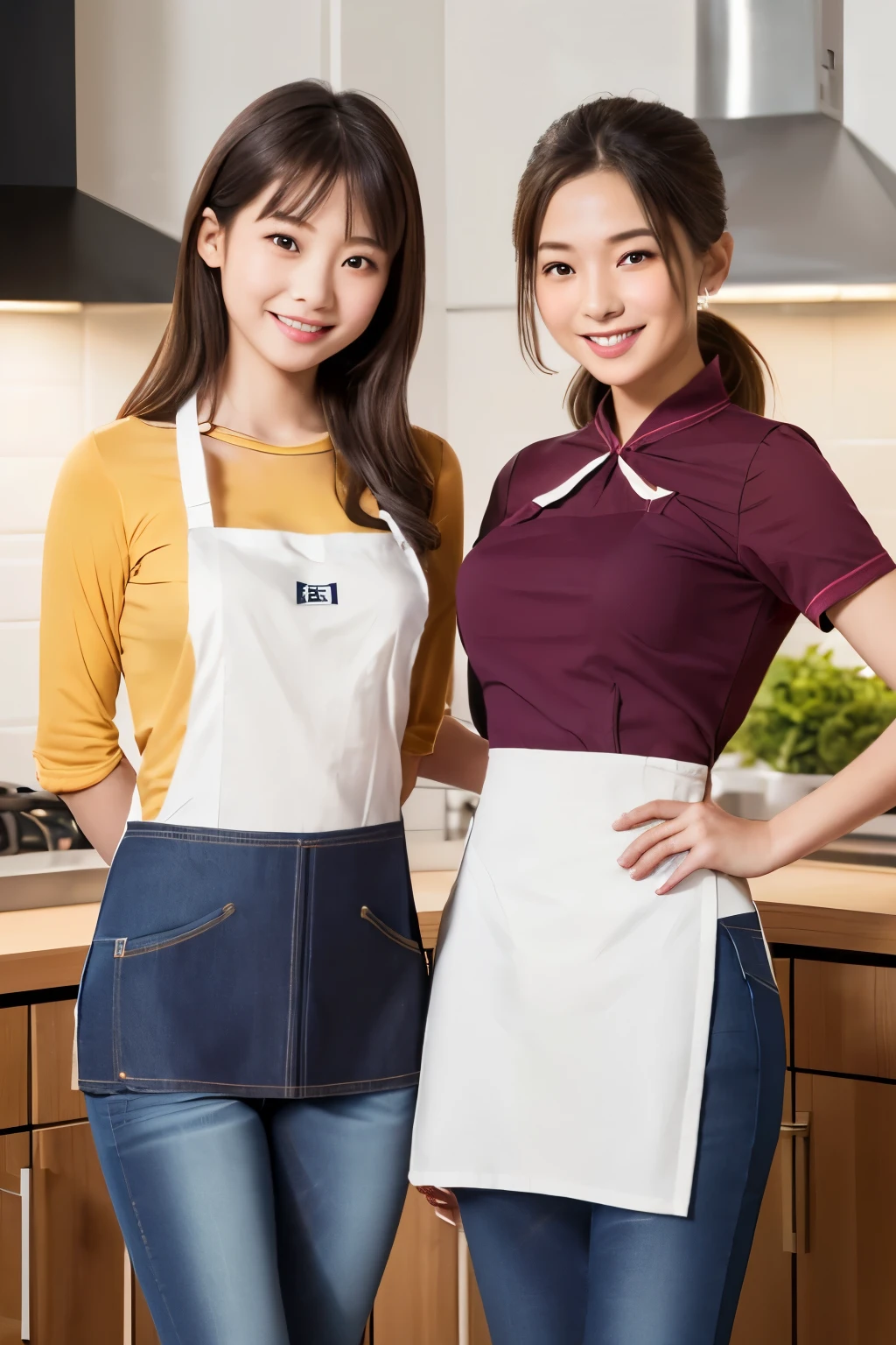 Two girls (2, Japanese cute face) are wearing white apron, mini skirt at the beach bar