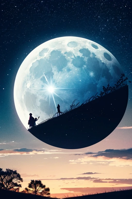 Highest quality,Big moon and shadow,A silhouette of a person can be seen against the backdrop of a large moon.,There is one full moon,There is a mood,Beautiful scenery,Starry Sky