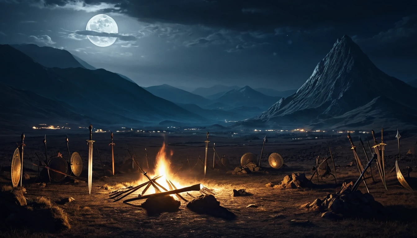 Battlefield at night, 500-600 AD. Moonlight illuminates swords, shields and war equipment scattered on the ground. Mountains and a dark sky in the background. One can feel the silence and tension left in the aftermath of the war. Torches and campfires burning on the ground