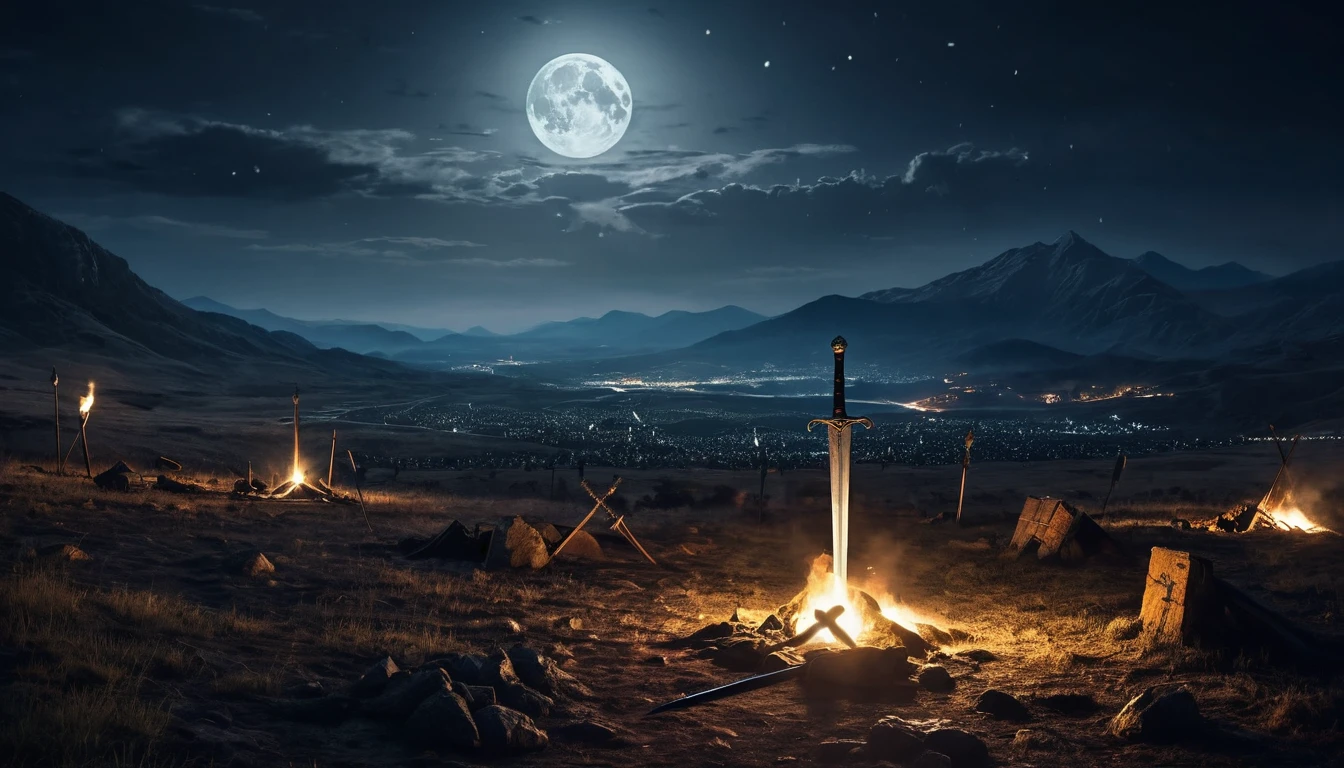 Battlefield at night, 500-600 AD. Moonlight illuminates swords, shields and war equipment scattered on the ground. Mountains and a dark sky in the background. One can feel the silence and tension left in the aftermath of the war. Torches and campfires burning on the ground