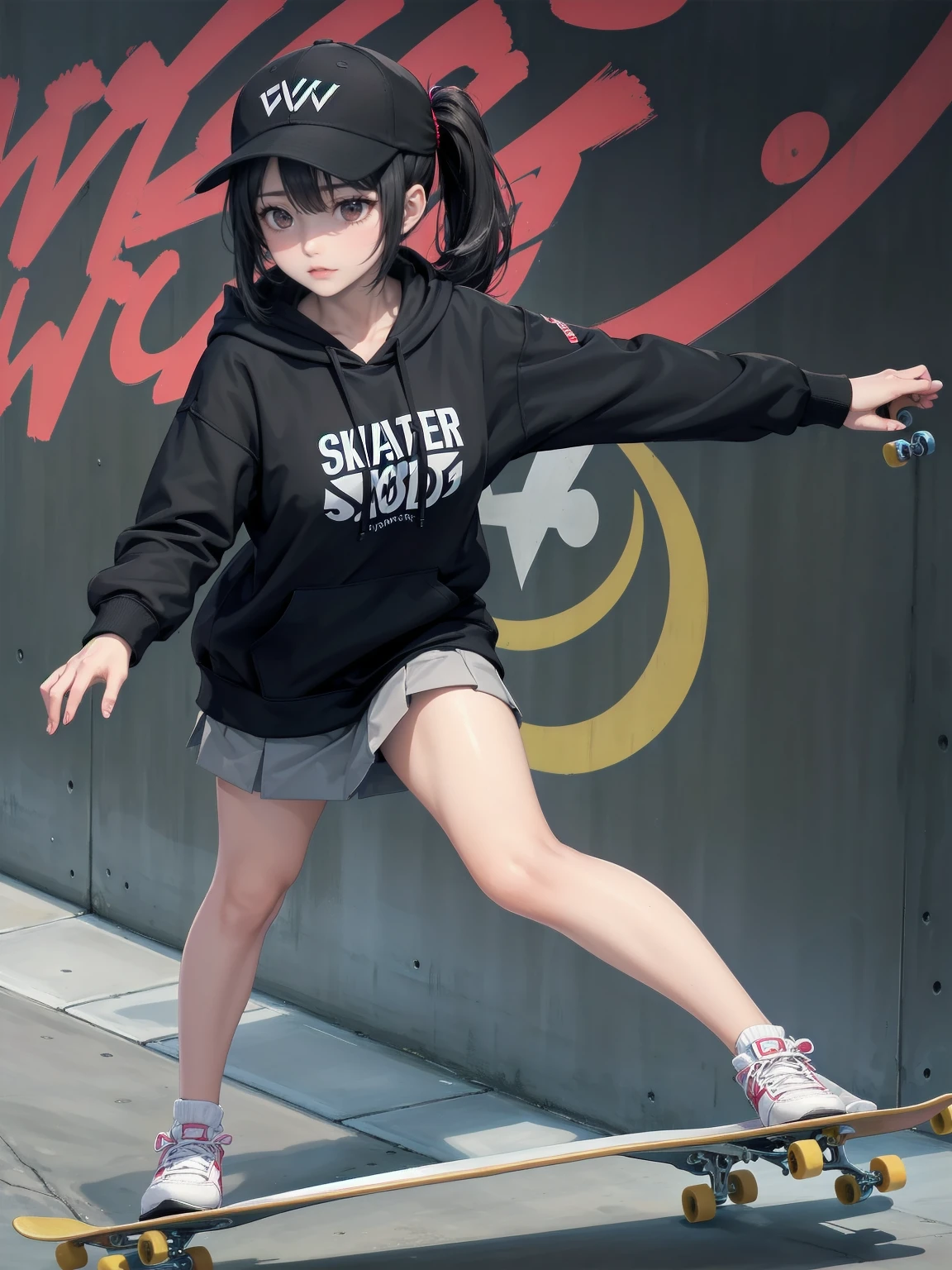 One Woman((Skateboarder,Black hoodie)) background,(Golf Driving Range,concrete) Wear a cap or hat,Skateboarding Woman,(Black Hair,Side Ponytail,Red eyes,Super Shine) Anime Style,Overall view Wind blowing Low angle