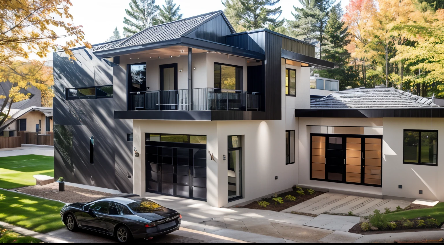 contemporary style house exterior, modernism, glass doors and windows,rail en métal noir, plafond en conwood, head of'artwork, high quality, photo realistic, marque canon eos 5D, natural light,