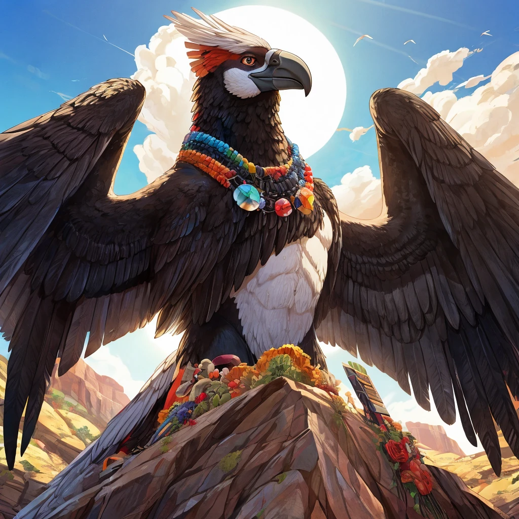A Condor, furry, humanoid, Condor ave, muscular, calvo, black and white feathers, condor, muscular, arid mountain, in perspective, bright sun, sweat, sunny, vivid colors, Andean Condor is one of the largest raptor species in the Neotropics. Its beak is cream-white at the end and black at the base.. Plumage Characterized by its white feathers around the neck and at the end of its wings Condor, condor bird, condors have a bare head without plumage, anime