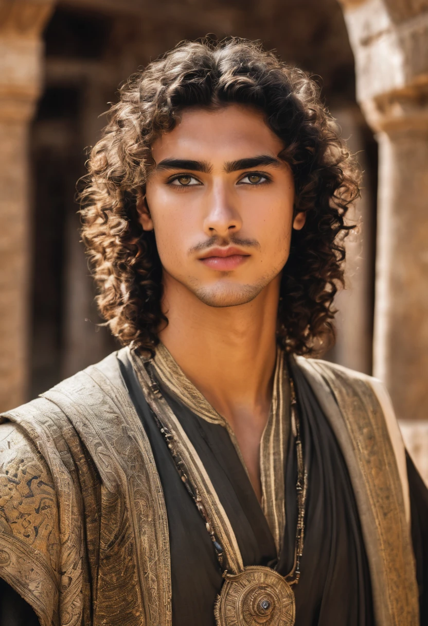 a handsome young man with dark eyes and curly hair wearing ancient clothes from antiquity