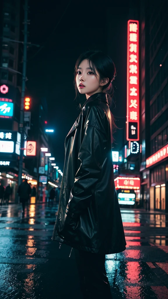 A beautiful Korean girl walking down a city street, cinematic soft lighting, glowing effect, detailed face, large eyes, long eyelashes, glossy lips, elegant pose, urban environment, skyscraper buildings, neon lights, rainy atmosphere, dramatic shadows, moody colors, cinematic composition, vibrant yet muted tones, masterpiece, hyper detailed, photorealistic