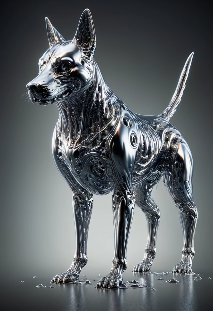 (mercury composed of one Colorful mechanical transparent Cyberdog mechanarion:1.8) rising from a puddle of liquid mercury, (the dog from the movie AXL), extremely shiny, smooth surface texture, polished surface, reflective, side photo, tesselation ral-chrome, Photorealistic, Hyperrealistic, Hyperdetailed, analog style, detailed skin, matte skin, soft lighting, subsurface scattering, realistic, heavy shadow, masterpiece, best quality, ultra realistic, 8k, golden ratio, Intricate, High Detail, film photography, soft focus
