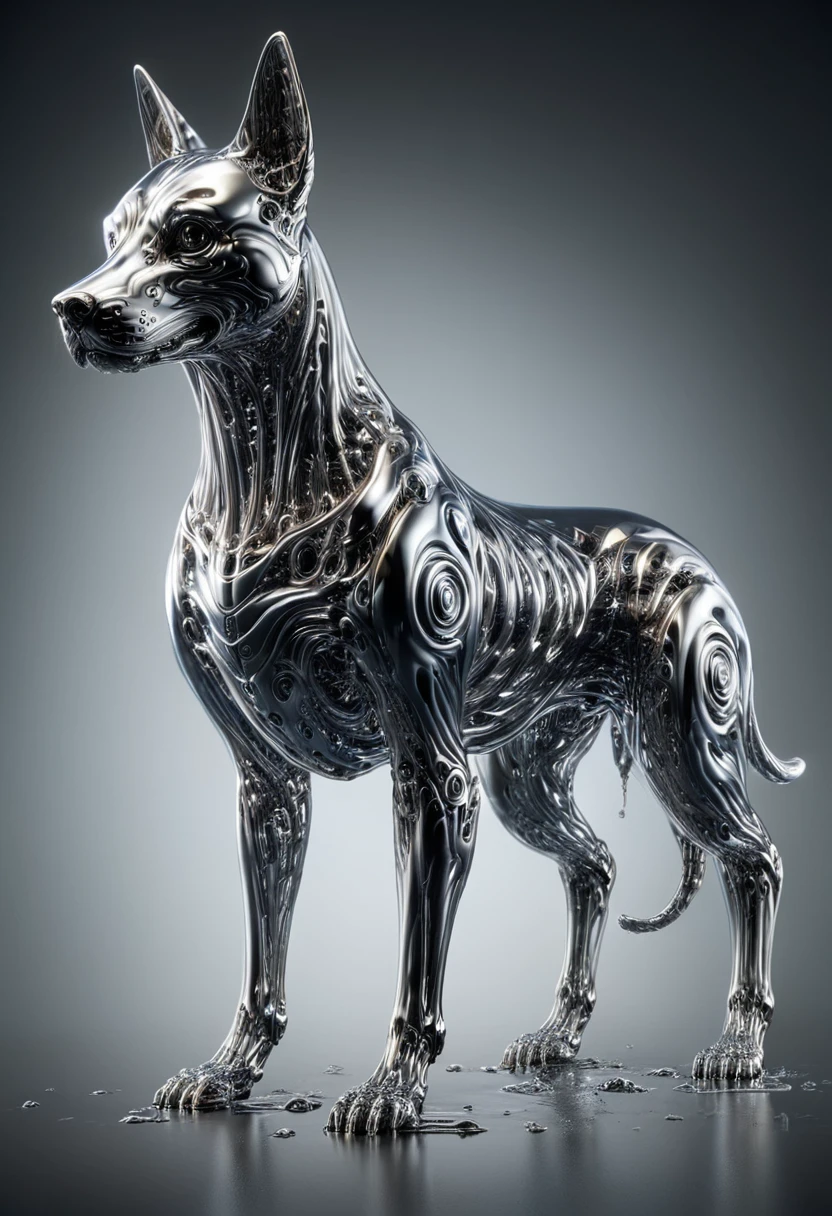 (mercury composed of one Colorful mechanical  Cyberdog timeart :1.8) rising from a puddle of liquid mercury, (the dog from the movie AXL), extremely shiny, smooth surface texture, polished surface, reflective, side photo, tesselation ral-chrome, Photorealistic, Hyperrealistic, Hyperdetailed, analog style, detailed skin, matte skin, soft lighting, subsurface scattering, realistic, heavy shadow, masterpiece, best quality, ultra realistic, 8k, golden ratio, Intricate, High Detail, film photography, soft focus
