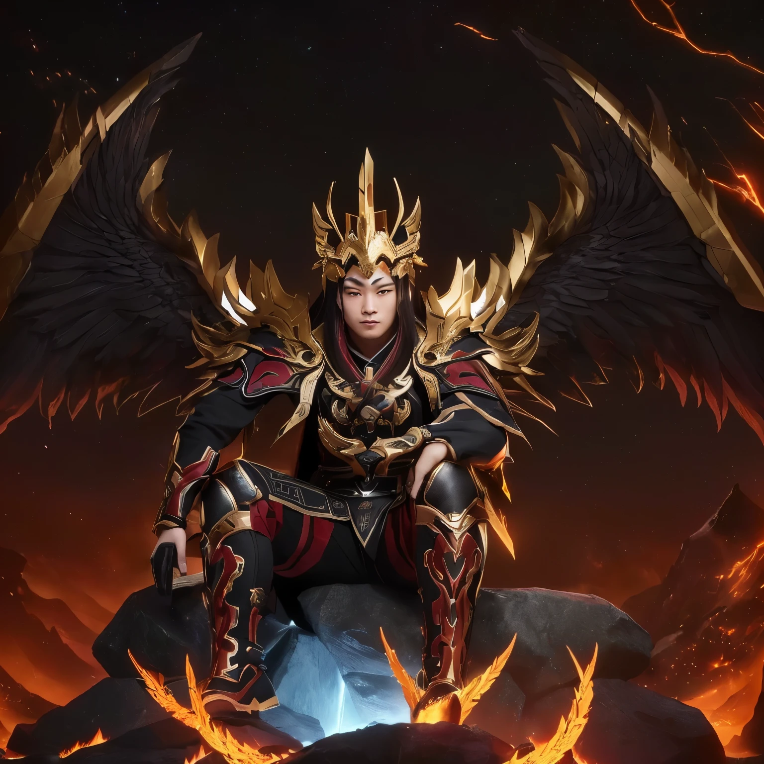 a close up of a person on a rock with a fire, blazing infero, inspired by Yi Inmun, infernal enigma, inspired by Huang Shen, mobile legends, flame conjuring armored, berserker potrait, ingame, epic battle screen of hero, inspired by Hu Zaobin, inspired by Yang Jin, full dress of lava showcase
