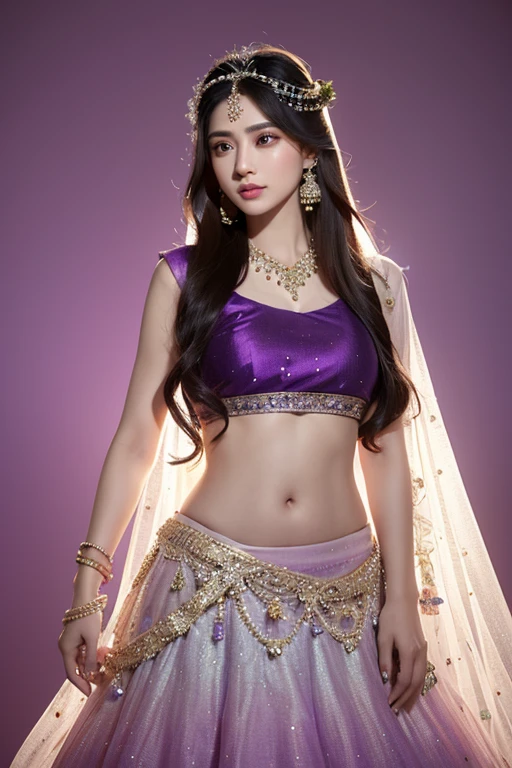 4K, UHD, masterpeice, 1 girl, good face, detailed eyes, detailed lips, very long hair, straight hair, very long hair, beautiful hair, hair ornaments, hairband, gradient hair, ((purple lehenga)), ((bridal lehenga)), ((decorated blouse)), sardine, (( lehenga)), ((lace)), ornaments, necklace, earring, high lighting, ((bare stomach)), wedding stage, fujicolor, depth of field, ray tracing, ultra realistic detail,