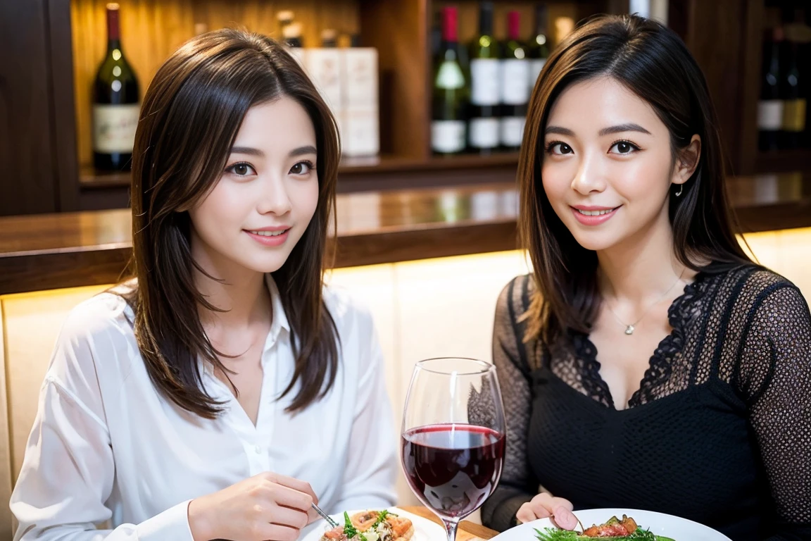 ((Highest quality、8k、masterpiece:1.3))、slimカップル、modelカップル、(Realistic, Intricate details:1.2), full-course dinner、wine 、Amazing view of the sunset sky and clouds、A bright smile、The wonderfulness of smile、Bright image、wineの美しさ, Beautiful Face, blue eyes, The light shines on your face, blush, short hair,Bright Face、 (Age 37), 39 years old, 赤wine 、Appetizers、Italian food、wine bottle、Champagne、スパークリングwine、Two beauties、Brown Hair、Shortcuts、Long sleeve shirt、dress、Beautiful woman 1, (slimな顔), (The body is slim), (Brown Hair), (Shortcuts), cheeks turn a little red,Attractive beauty、restaurant, In a prominent place (From the waist up) Nova Frog Style, actress, model, Upper Body, 白wine, slim, wineグラス, 中央に置かれたwineグラス, smile, (smile: 1.15), Beautiful fine grain, Depth f/2,saturation, High Contrast, Strong light and shadow,Moist Body:1.5、3D texture、Delicate eyes、Brown Hair、The hair is very shiny、
