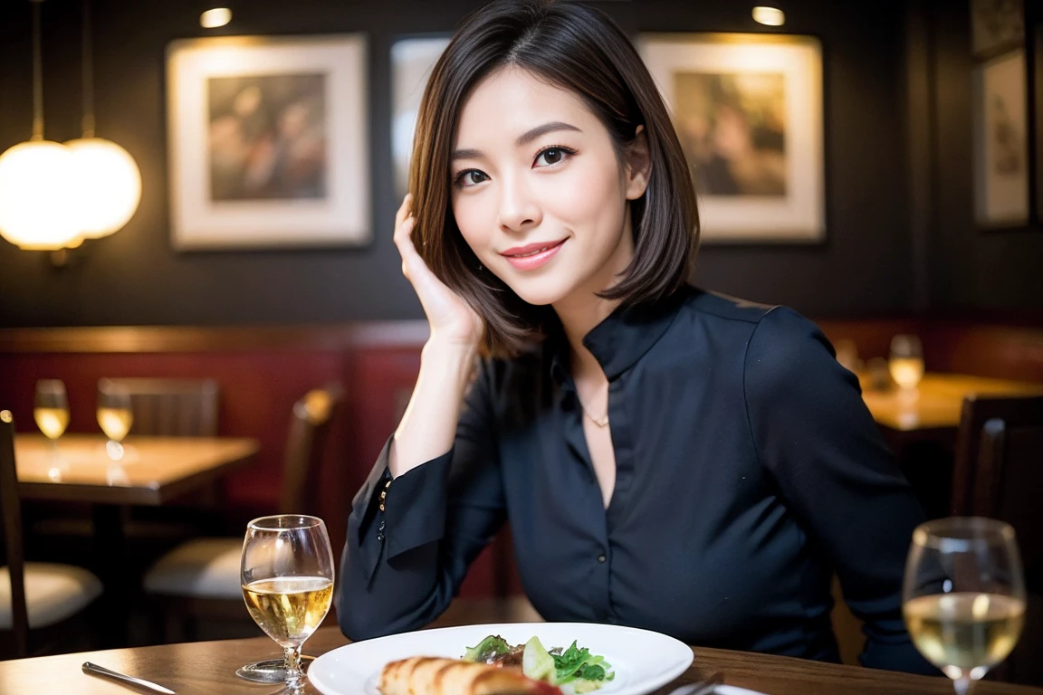 ((Highest quality、8k、masterpiece:1.3))、slimカップル、modelカップル、(Realistic, Intricate details:1.2), full-course dinner、wine 、Amazing view of the sunset sky and clouds、A bright smile、The wonderfulness of smile、Bright image、wineの美しさ, Beautiful Face, blue eyes, The light shines on your face, blush, short hair,Bright Face、 (Age 37), 39 years old, 赤wine 、Appetizers、Italian food、wine bottle、Champagne、スパークリングwine、Two beauties、Brown Hair、Shortcuts、Long sleeve shirt、dress、Beautiful woman 1, (slimな顔), (The body is slim), (Brown Hair), (Shortcuts), cheeks turn a little red,Attractive beauty、restaurant, In a prominent place (From the waist up) Nova Frog Style, actress, model, Upper Body, 白wine, slim, wineグラス, 中央に置かれたwineグラス, smile, (smile: 1.15), Beautiful fine grain, Depth f/2,saturation, High Contrast, Strong light and shadow,Moist Body:1.5、3D texture、Delicate eyes、Brown Hair、The hair is very shiny、