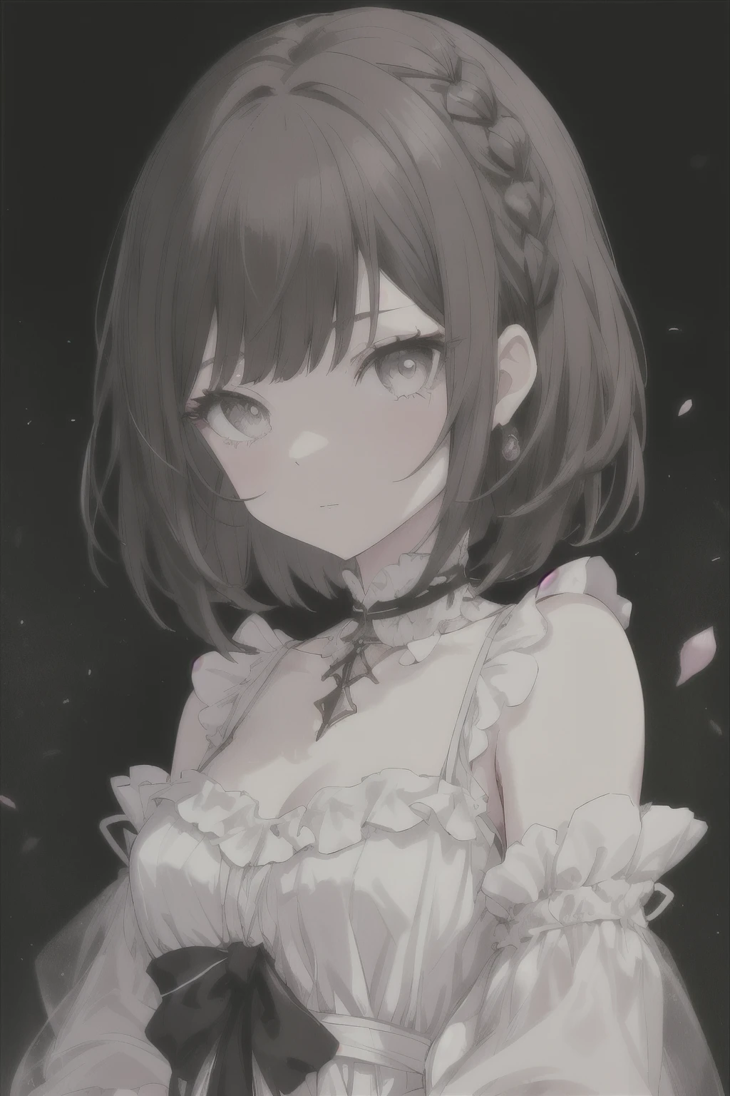 Shinonome Ena, 1 girl, alone, Brown Hair, Blue-gray eyes,  Medium Hair、Braiding,  (Flower Castle:0.78), clavicle, eye shadow, masterpiece, Highest quality, Looking at the audience, Frilled blouse, (pity:0.38), Dark Background、最高masterpiece、Highest quality、Perfect Face、Long eyelashes、Brown eyelashes、Detailed eyes、delicate、Beautiful Eyes、Fleeting