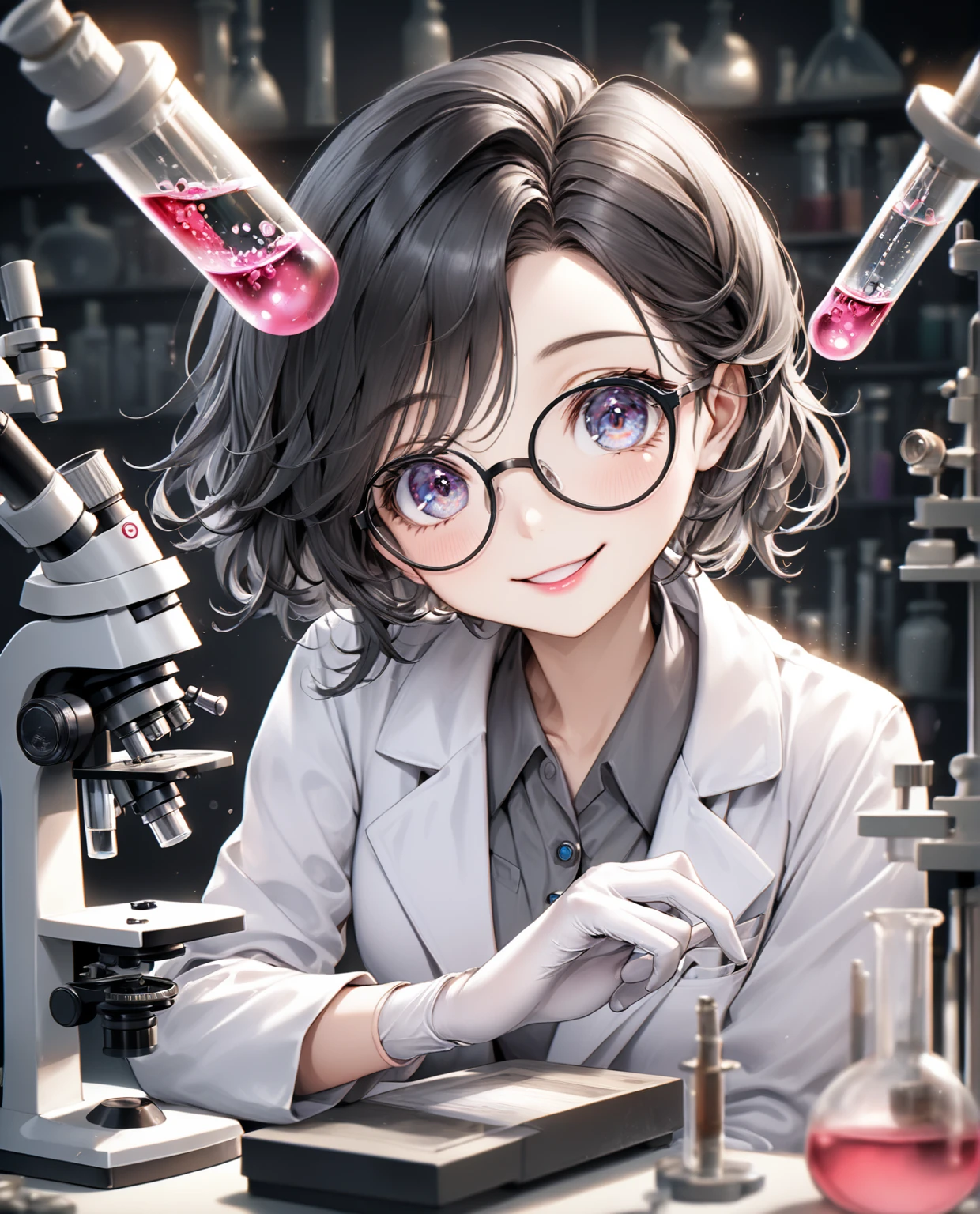 (Highest quality,Super detailed,Ultra-high resolution, 8k, masterpiece), Very cute and beautiful anime girl,Highly detailed face and eyes, Intelligent woman,Black Hair,White skin,Pink Lips, Wearing a researcher's lab coat, Round rimmed glasses,White rubber gloves, Institute of Chemistry, Test tube, beaker, microscope, flask, Glancing sideways at the viewer,smile, Open your lips,