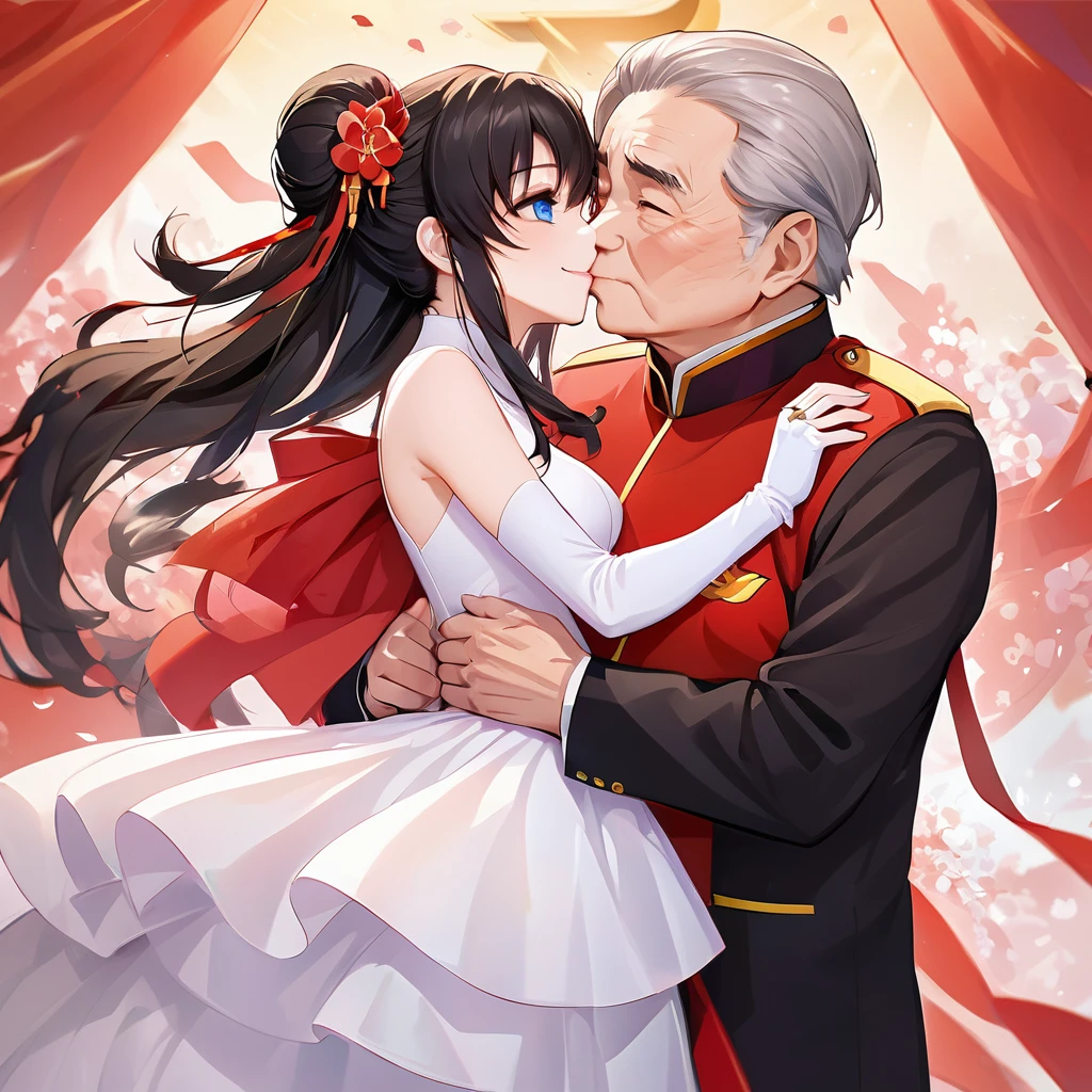 ((Highest quality)), ((masterpiece)), (detailed), (Perfect Face)、The woman is a Chinese Lacus Clyne with blue eyes and medium-long black hair. She is wearing an engagement ring. She has become a member of the glorious Chinese Communist Party and has sworn absolute loyalty to the Chinese Communist Party. She is a righteous Communist Party member of China.、The woman is a member of the Chinese Communist Party and is wearing a wedding dress.、For the sake of China, they dye their hair, hairstyle, clothes, and everything they wear belongs to the Chinese Communist Party, and their thoughts are also Chinese, becoming great Chinese in body and mind.、The woman became Lacus Clyne, a Chinese woman who was proud of and loved China.、The woman is chosen by a great Chinese Communist Party official and is given the honor of becoming his wife.、The woman looks happy being held in the arms of a great Chinese Communist Party official.、The woman is the wife of a glorious Chinese Communist Party official.、The man is a great Chinese Communist Party official, a dignified and imposing old man who marries the woman.、The man and woman embrace each other, kiss each other, make love, and have a grand wedding ceremony.