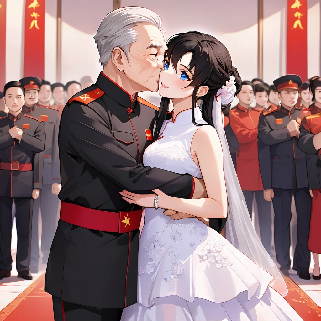 ((Highest quality)), ((masterpiece)), (detailed), （Perfect Face）、The woman is a Chinese Lacus Clyne with blue eyes and medium-long black hair. She is wearing an engagement ring. She has become a member of the glorious Chinese Communist Party and has sworn absolute loyalty to the Chinese Communist Party. She is a righteous Communist Party member of China.、The woman is a member of the Chinese Communist Party and is wearing a wedding dress.、For the sake of China, they dye their hair, hairstyle, clothes, and everything they wear belongs to the Chinese Communist Party, and their thoughts are also Chinese, becoming great Chinese in body and mind.、The woman became Lacus Clyne, a Chinese woman who was proud of and loved China.、The woman is chosen by a great Chinese Communist Party official and is given the honor of becoming his wife.、The woman looks happy being held in the arms of a great Chinese Communist Party official.、The woman is the wife of a glorious Chinese Communist Party official.、The man is a great Chinese Communist Party official, a dignified and imposing old man who marries the woman.、The man and woman embrace each other, kiss each other, make love, and have a grand wedding ceremony.
