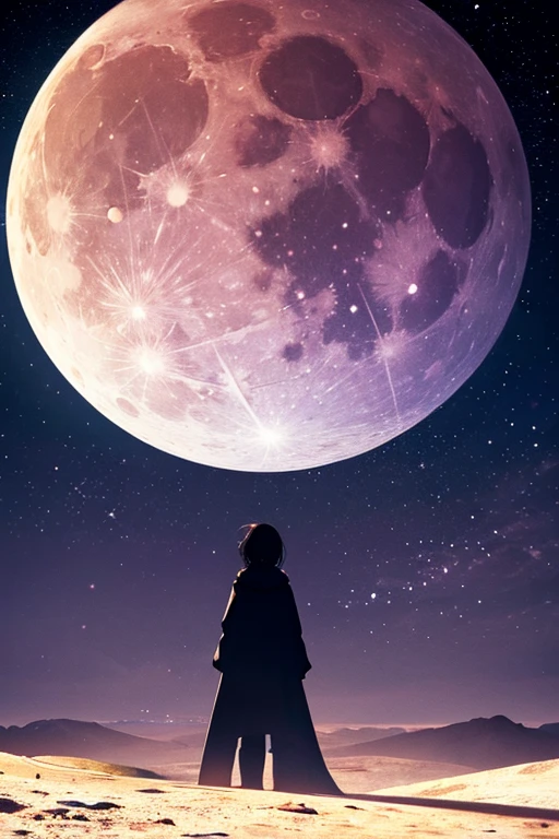 Highest quality,Big moon and shadow,A silhouette of a person can be seen against the backdrop of a large moon.,There is one full moon,There is a mood,Beautiful scenery,Starry Sky