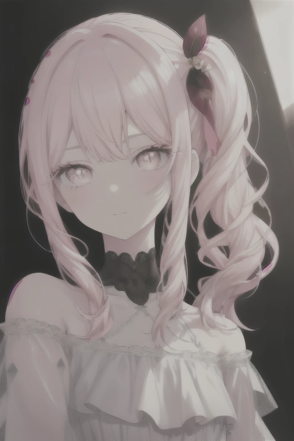 Dogwood, 1 girl, alone, Pink Hair, Pink Eyes, Long Hair, Side Lock, Side Ponytail, Flat Chest, (Flower Castle:0.78), clavicle, eye shadow, masterpiece, Highest quality, Looking at the audience, Frilled blouse, (smile:0.38), Dark Background、最高masterpiece、Highest quality、Perfect Face、Long eyelashes、Deep pink eyelashes、Detailed eyes、delicate、Beautiful Eyes