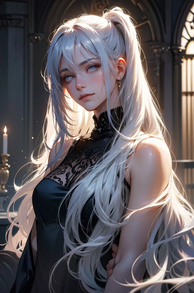 silver hair, long hair, messy hair, big hair, expressive hair, tri tails, empty eyes, unconscious, turn pale, nervous smile, thinking, Gothic art, Romanticism, anime, backlighting, UHD, textured skin, high details, highres, best quality