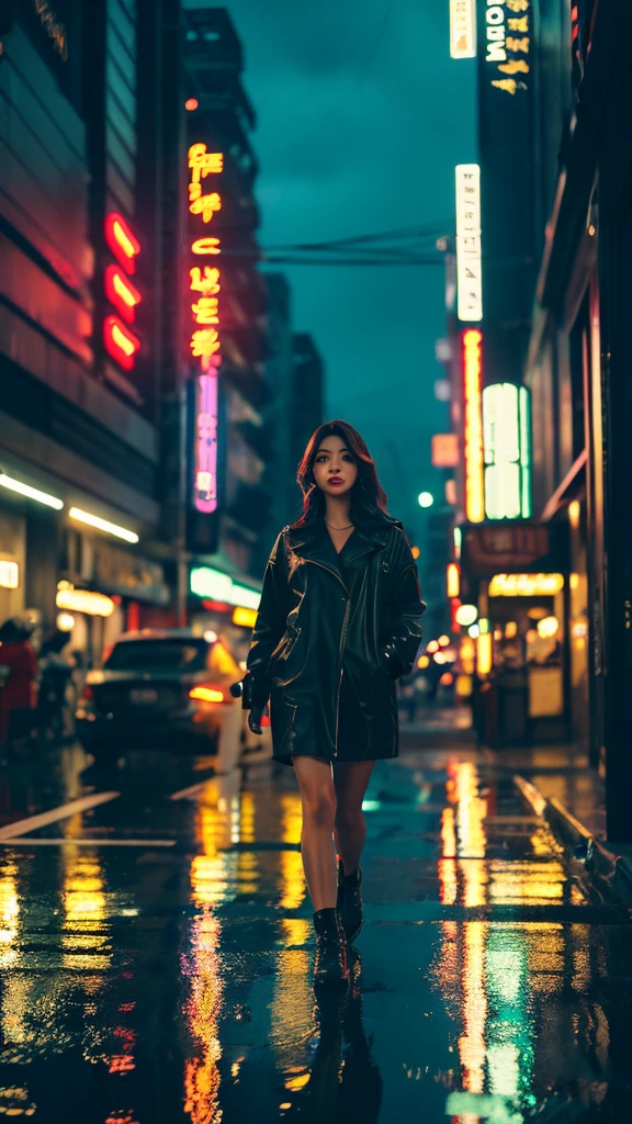 A beautiful Korean girl walking down a city street, cinematic soft lighting, glowing effect, detailed face, large eyes, long eyelashes, glossy lips, elegant pose, urban environment, skyscraper buildings, neon lights, rainy atmosphere, dramatic shadows, moody colors, cinematic composition, vibrant yet muted tones, masterpiece, hyper detailed, photorealistic