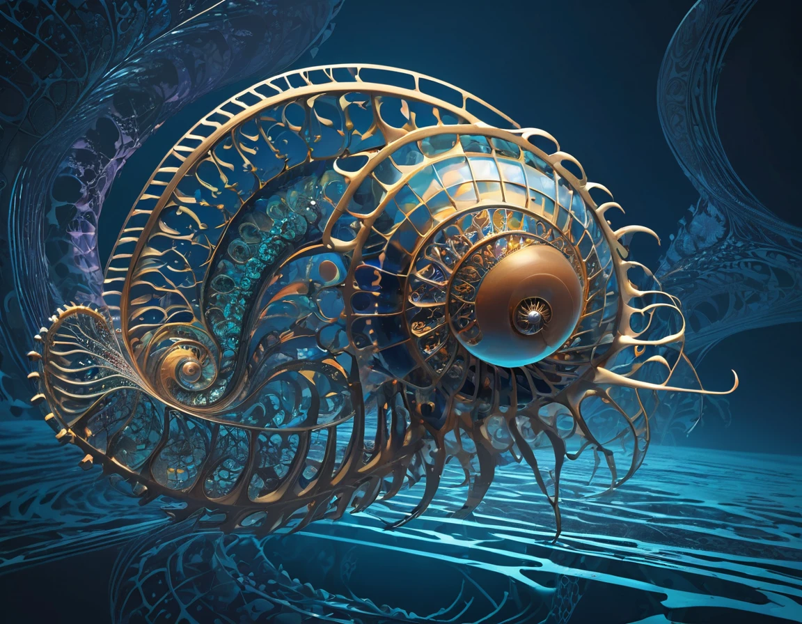 (A mechanical lifeform, the nautilus, drifting in the ancient seas:1.2)、(Nautilus Machine Lifeform)、(Nautilus is mechanically drawn:1.2)、Machine lifeforms emerging from the Mandelbrot set、The emerging lifeforms gradually々Mechanize to、gear、Fractal Art、3D Rendering, Aurora