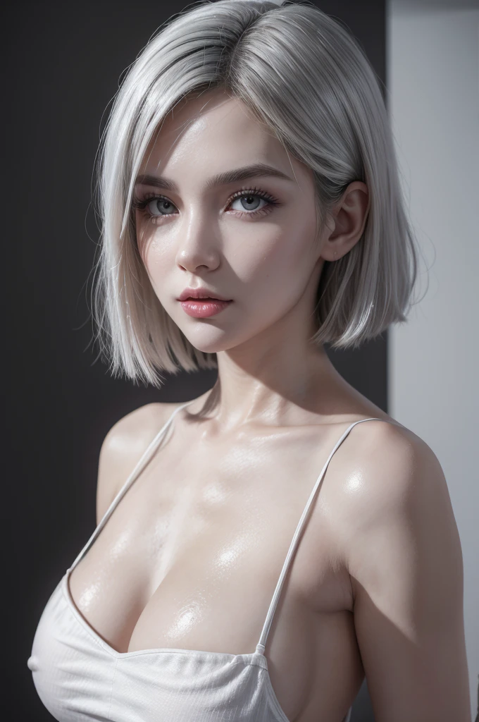 B2, realistic, age 25, pure white skin, black eyes, silver white bob hair, perfect face, perfect shape body, above large breasts, white and black maid outfit, 3d, 8k hdr, intricate details, posing to viewer