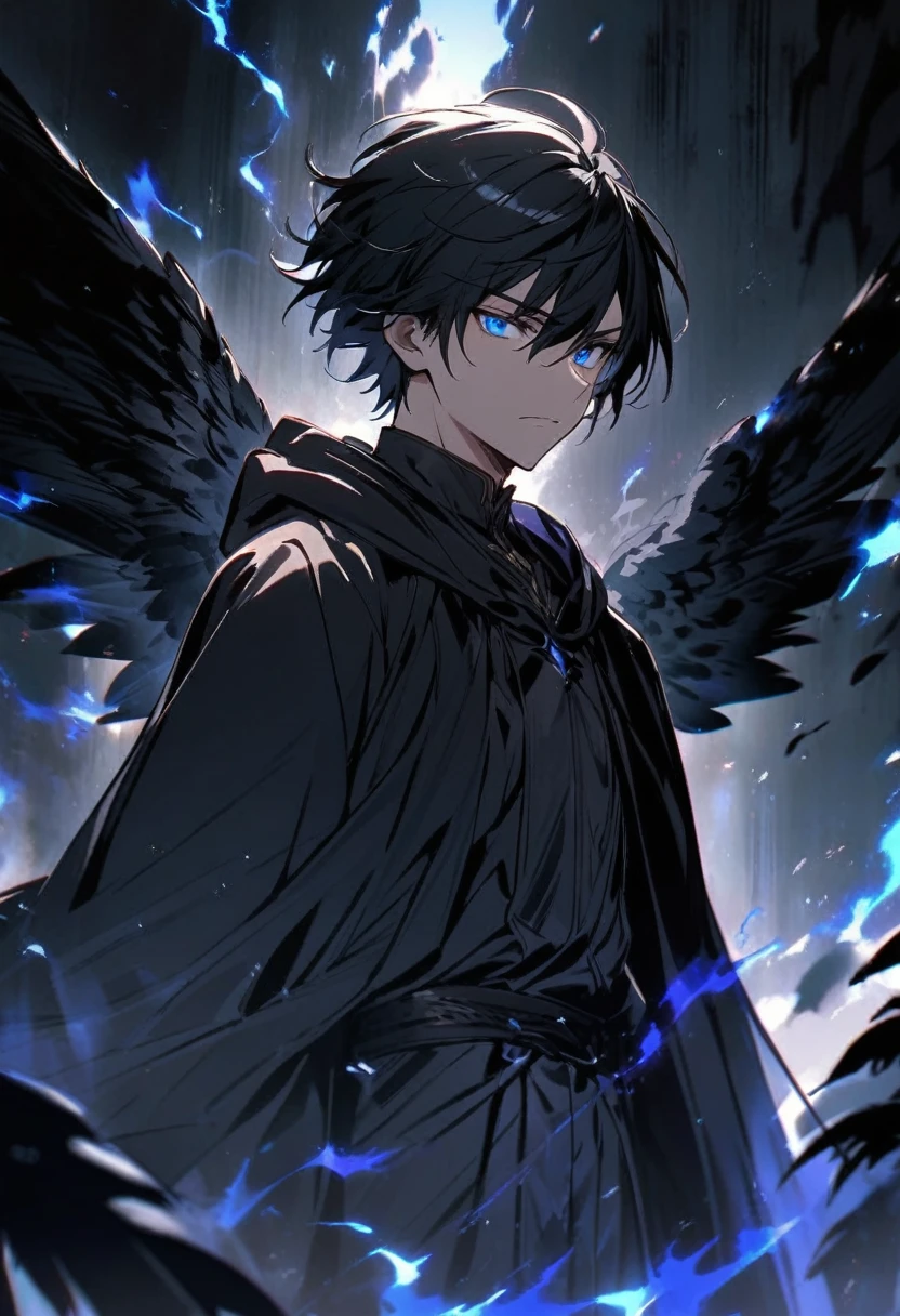 male, black hair, blue eyes, black wings, black robe, and an aura of darkness behind him
