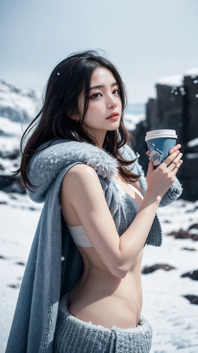 "Illustrate Taliyah in her Freljord skin from League of Legends by Riot Games, no having clothes,adorned in a winter-themed outfit with fur accents and icy blue colors, have massive k-cups, in a frozen, snow-covered landscape with towering icebergs and swirling snow."