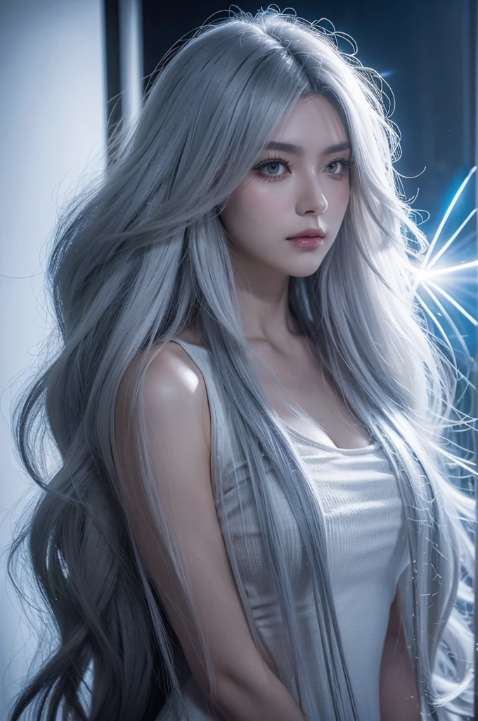 silver hair, long hair, messy hair, big hair, expressive hair, tri tails, empty eyes, unconscious, turn pale, nervous smile, thinking, Gothic art, Romanticism, anime, backlighting, diffraction spikes, Wide-Angle, Ultra-Wide Angle, lens flare, close-up, three sided view, UHD, textured skin, high details, highres, best quality