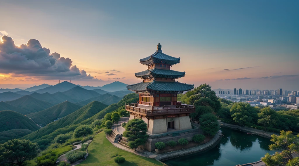 Scenery of Korea, Korean beauty, Healing Forest, A Moment of Healing, Time for Meditation, (Breathtaking views:1.1),A sky full of clouds,Sacred, Celestial Light,cliff,colourful colors,alluring atmosphere,Phenomenal Scenery,Majestic clouds,Majestic views,Dramatic cliffs,Unimaginable Beauty,Celestial Light,Dreamy panoramas,Serene and charming,Unforgettable scenery,impressive,Sublime Vision,Amazing natural wonders,Otherworldly vibes,magnificent view,Silent and paradisiacal,enchanted scenery,superb view,Dazzling colors,Amazing show,Tranquility and serenity,Magnificent sunset,Shining Sky,Quiet and peaceful atmosphere,Subtle and seductive,Magnificence and beauty,Sublime and subtle,Unreal and impressive,Unforgettable sublimity,Divine and fascinating,breathtaking, Beautiful and magical,Fascinating and surreal, Alawi Pagoda(Alawi Pagoda)is in the park,There are legs and legs, Beautiful renderings of Korea, Ancient Korean Architecture, Cyberpunk Korean Ancient Castle, Korean Architecture, Korean Palace, Korean-style building, Korean Temples, digital painting of a pagoda, With the Aesthetics of Ancient Korea, Brilliant Skies,flying birds