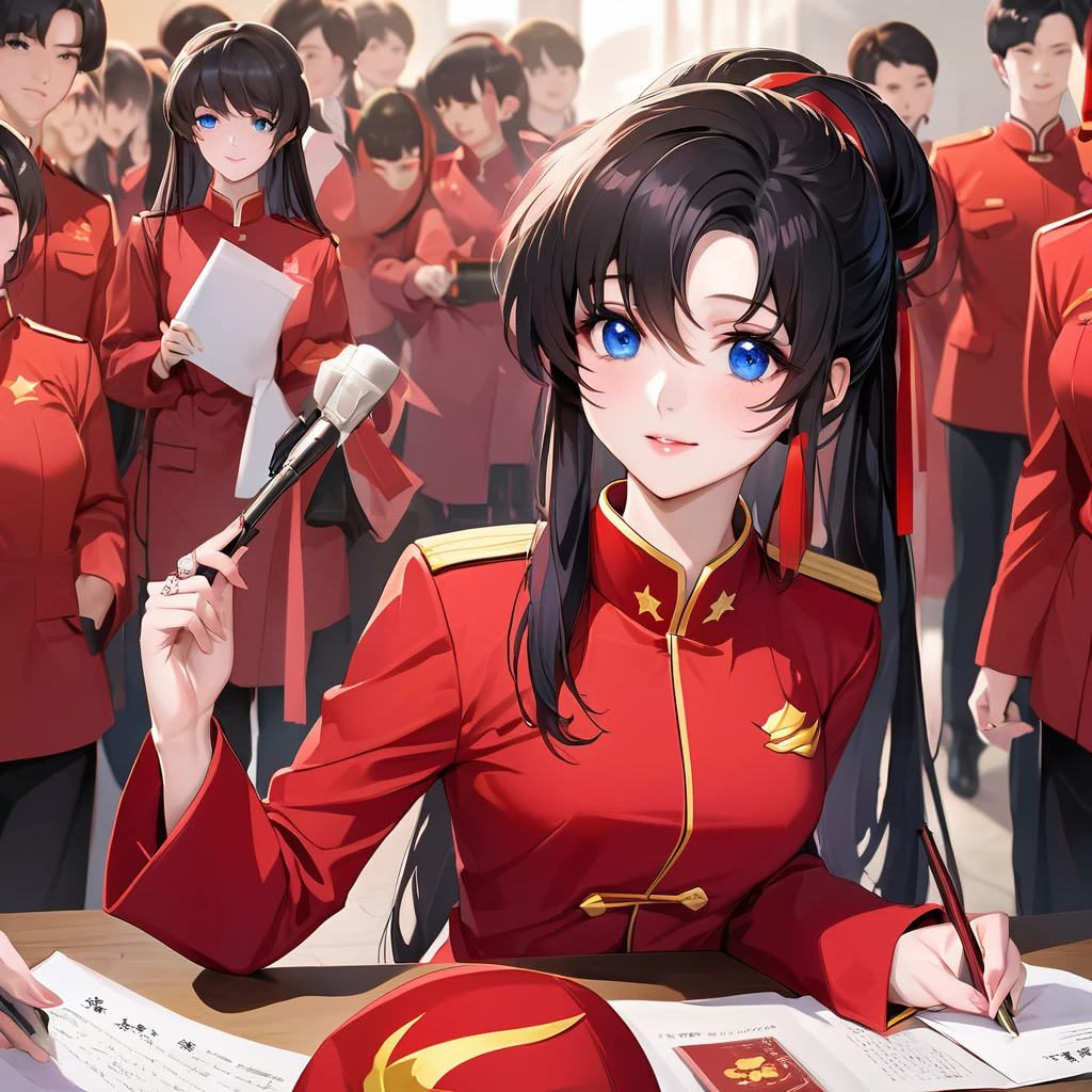 ((Highest quality)), ((masterpiece)), (detailed), (Perfect Face)、The woman is a Chinese Lacus Clyne with blue eyes and medium-long black hair. She is wearing an engagement ring. She has become a member of the glorious Chinese Communist Party and has sworn absolute loyalty to the Chinese Communist Party. She is a righteous Communist Party member of China.、The woman is wearing the fine red uniform of a Chinese Communist Party member.、For the sake of China, they dye their hair, hairstyle, clothes, and everything they wear belongs to the Chinese Communist Party, and their thoughts are also Chinese, becoming great Chinese in body and mind.、The woman became Lacus Clyne, a Chinese woman who was proud of and loved China.、She is working for China as a member of the great Chinese Communist Party.、She is a beautiful, respectable and exemplary Communist.