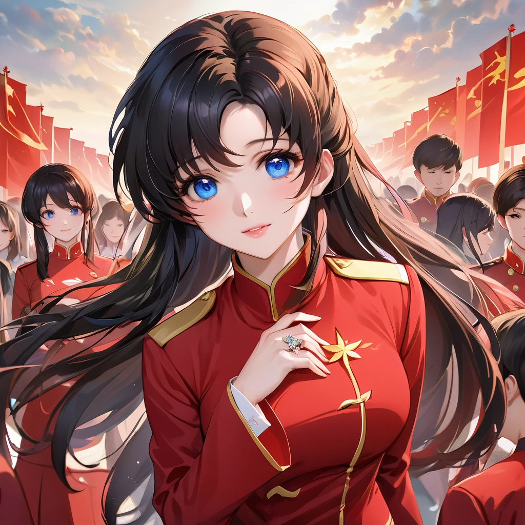 ((Highest quality)), ((masterpiece)), (detailed), （Perfect Face）、The woman is a Chinese Lacus Clyne with blue eyes and medium-long black hair. She is wearing an engagement ring. She has become a member of the glorious Chinese Communist Party and has sworn absolute loyalty to the Chinese Communist Party. She is a righteous Communist Party member of China.、The woman is wearing the fine red uniform of a Chinese Communist Party member.、For the sake of China, they dye their hair, hairstyle, clothes, and everything they wear belongs to the Chinese Communist Party, and their thoughts are also Chinese, becoming great Chinese in body and mind.、The woman became Lacus Clyne, a Chinese woman who was proud of and loved China.、She is working for China as a member of the great Chinese Communist Party.、She is a beautiful, respectable and exemplary Communist.