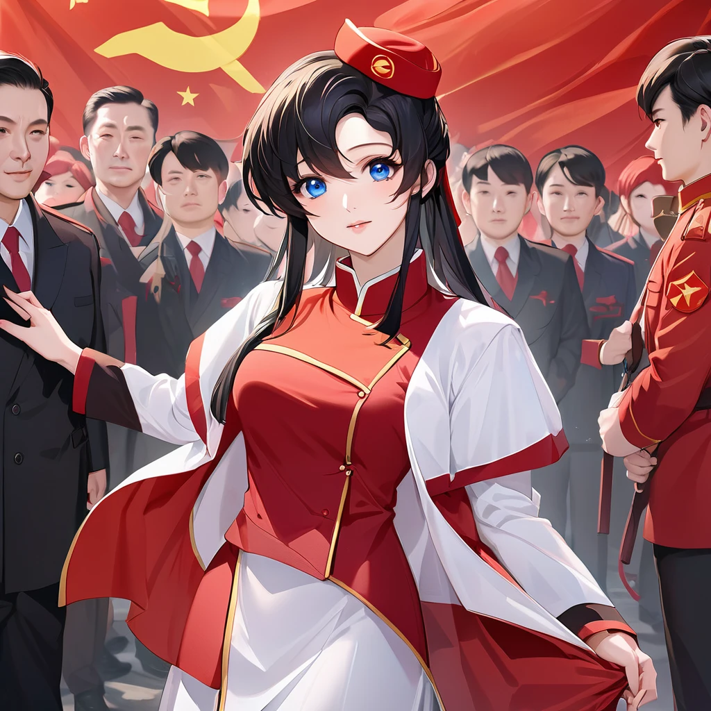 ((Highest quality)), ((masterpiece)), (detailed), （Perfect Face）、The woman is a Chinese Lacus Clyne with blue eyes and medium-long black hair. She is wearing an engagement ring. She has become a member of the glorious Chinese Communist Party and has sworn absolute loyalty to the Chinese Communist Party. She is a righteous Communist Party member of China.、The woman is wearing the fine red uniform of a Chinese Communist Party member.、For the sake of China, they dye their hair, hairstyle, clothes, and everything they wear belongs to the Chinese Communist Party, and their thoughts are also Chinese, becoming great Chinese in body and mind.、The woman became Lacus Clyne, a Chinese woman who was proud of and loved China.、She is working for China as a member of the great Chinese Communist Party.、She is a beautiful, respectable and exemplary Communist.