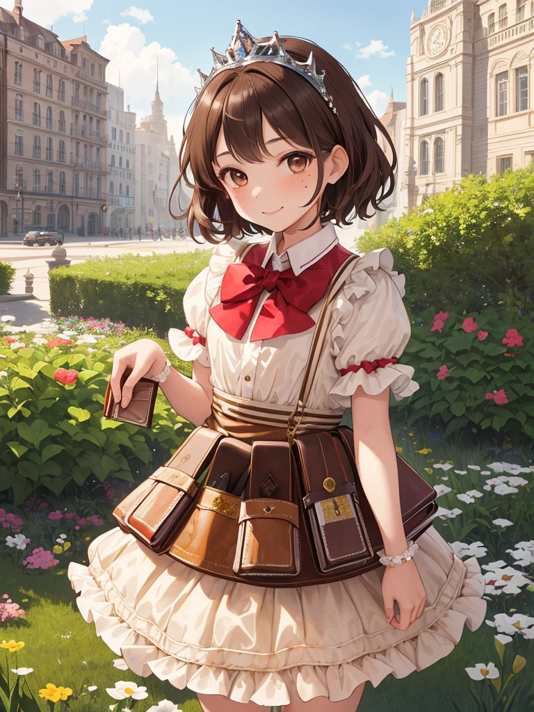 masterpiece, Highest quality, High resolution, One girl, 9 , alone, Brown Hair, short hair, Brown eyes, Mole under the eye, Cowboy Shot,, Princess dress, Princess Costume,bow tie, smile (Princess:1.2), Ruffled Dress, tiara, city, Outdoor, garden, wearing wallet, (wallet:1.2), Pull up the dress by hand、Low Angle